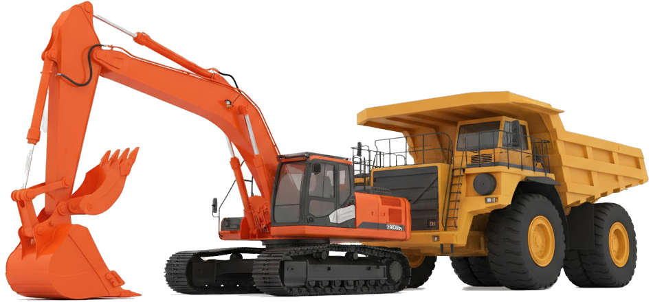 Modern construction excavator and dump truck